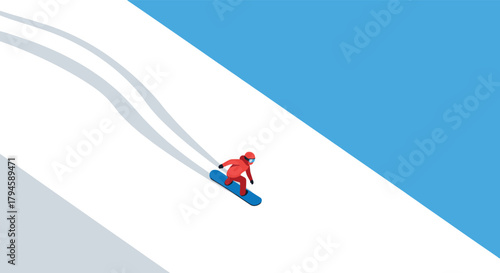 Snowboarder in motion on a pristine slope in minimalist isometric style
