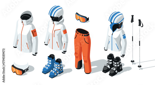 Modern winter sports gear in isometric style jackets, pants, goggles, boots, and poles