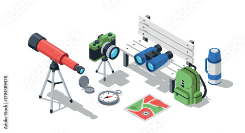 Stargazing and adventure equipment in isometric style for outdoor exploration