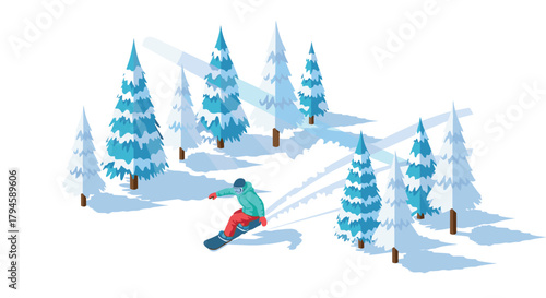 Isometric snowboarder navigating snowy forest with pine trees in winter wonderland