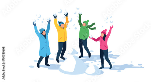 Winter fun joyful group playing in snow with colorful winter clothing