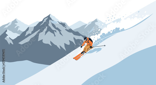Dynamic winter adventure skier descending snowy mountain slope in minimalist style