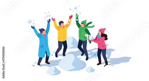 Isometric winter fun friends enjoying a snowball fight in vibrant colors
