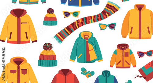 Colorful winter clothing and accessories set on white background