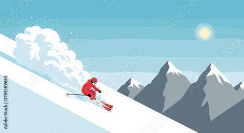 Winter sports adventure minimalist skiing down snowy mountain slopes in bright sun