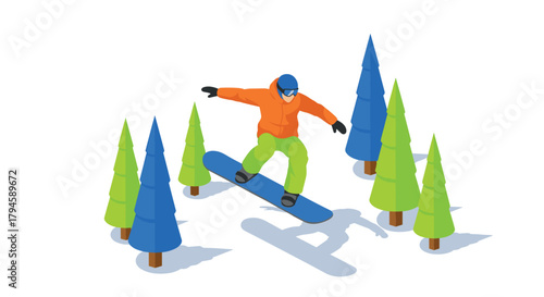 Winter adventure isometric snowboarder navigating forest terrain