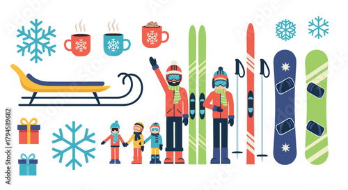 Winter sports gear and family fun with sleigh and snowflakes in flat design