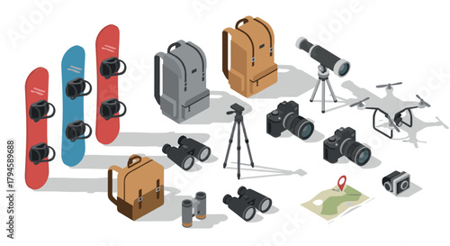 Outdoor adventure gear isometric set with cameras, backpacks, snowboards, and camping equipment
