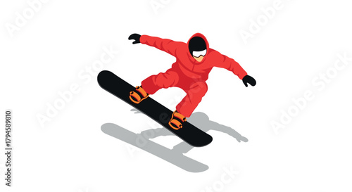 Red snowboarder in midair performing trick on white background