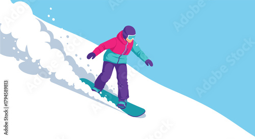 Vibrant winter snowboarding scene with colorful outerwear and snowy backdrop