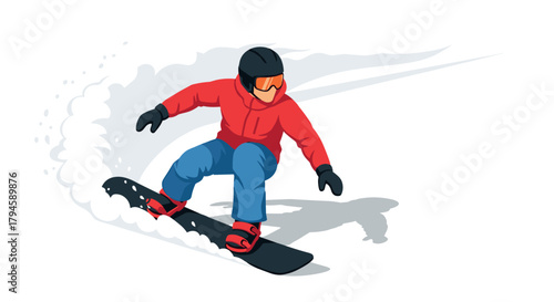 Dynamic snowboarder in action on pristine snowy slope with fluid motion