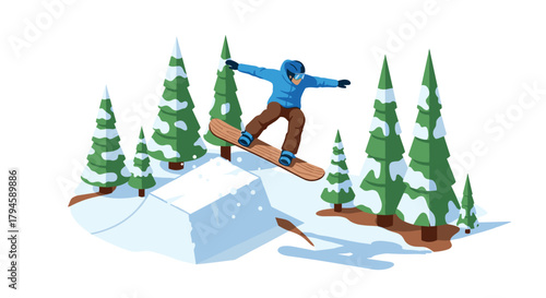 Snowboarder performing jump in winter forest with snowy pine trees