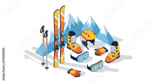 Isometric winter ski equipment with snowy mountain background