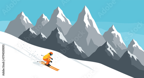 Dynamic winter adventure skiing on snowy mountain slopes in vibrant flat design