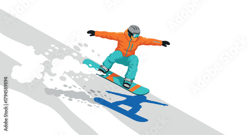 Snowboarding adventure in minimalist style with vibrant colors and dynamic movement