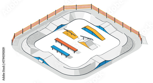 Isometric skate park with ramps and rails