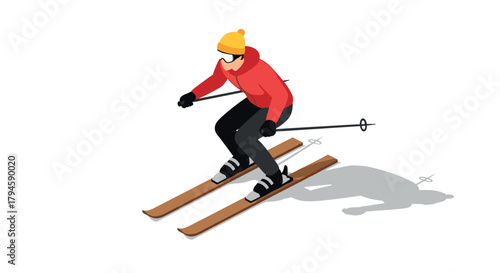 Isometric skier in red jacket on a slope with shadow