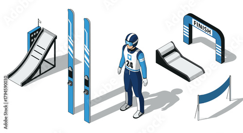 Isometric winter sports equipment and athlete at finish line