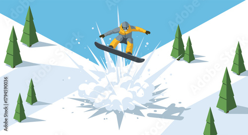 Thrilling snowboard jump in winter landscape with evergreen trees and powder splash