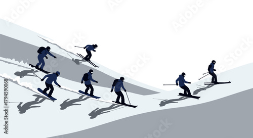 Dynamic silhouette of skiers on a slope in motion