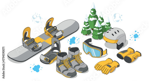 Winter sports gear layout with snowboarding equipment and snowy trees in comic style