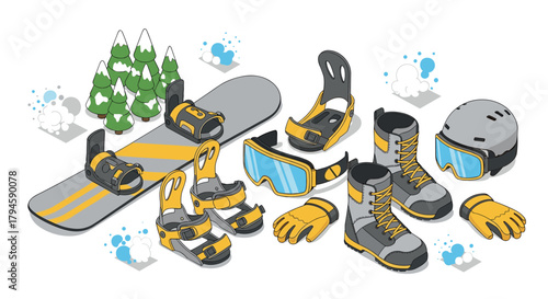Isometric winter sports gear with accessories for snowboarding adventure