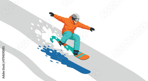 Snowboarder in action on snowy slope with vibrant winter gear and dynamic movement