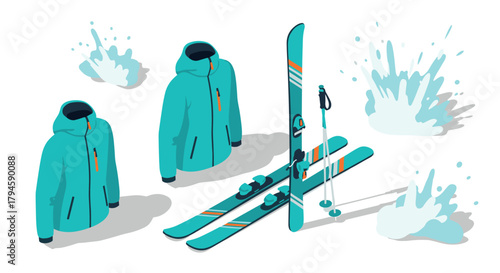 Isometric winter sports gear with skis and jackets on snowy background