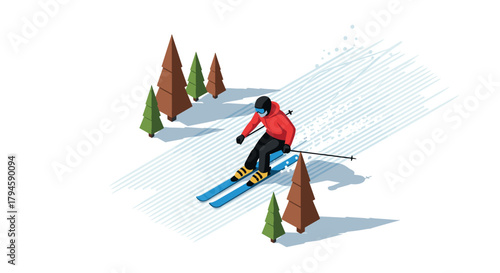 Isometric skiing in snowcovered forest with spruce trees and skier in motion