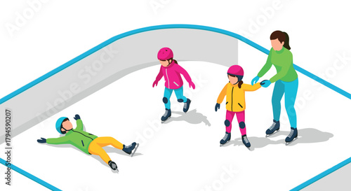 Family enjoying ice skating at indoor rink with mother and children in colorful winter outfits