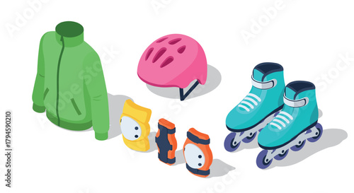Isometric rollerblading gear set with jacket, helmet, pads, and skates