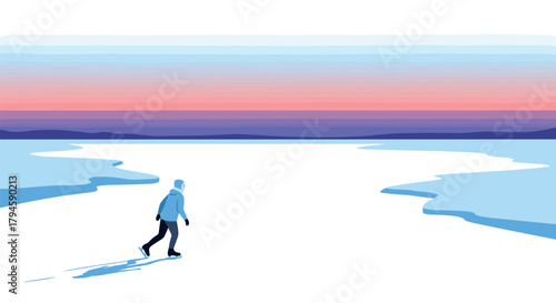 Lone walker on a frozen lake at sunset against a vibrant winter horizon