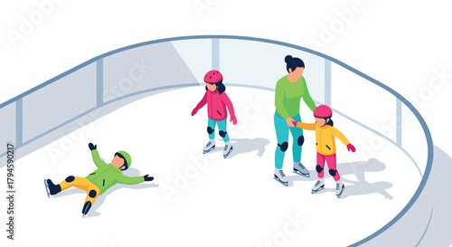 Family ice skating fun at the rink in colorful winter outfits with children learning to skate