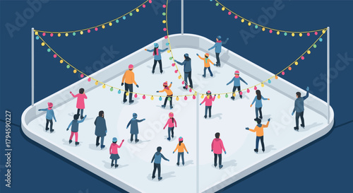 Isometric ice skating rink with colorful lights and happy skaters in winter scene