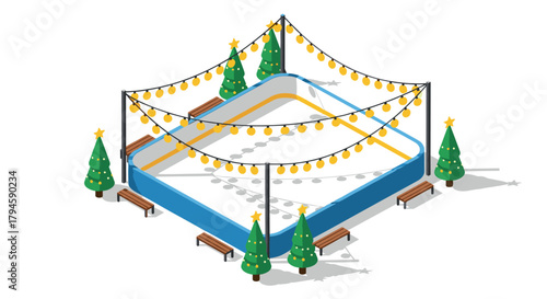 Festive outdoor ice rink with christmas trees and string lights in winter wonderland