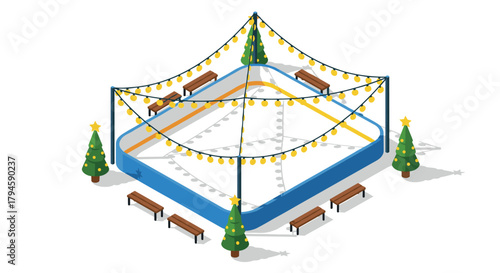Festive ice skating rink in holiday decor with string lights and christmas trees