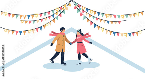 Winter romance couple ice skating under festive bunting in minimalist style