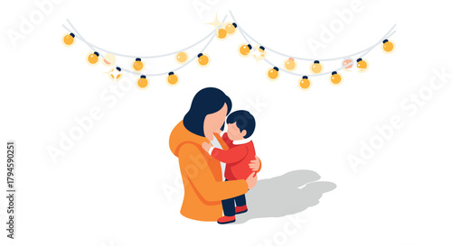 Mother embracing child under festive lights in modern flat art style