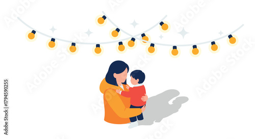 Festive mood mother with child under twinkling string lights in winter attire