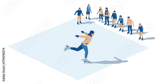 Isometric winter skating scene with skater performing artfully on ice