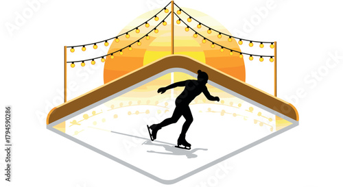 Ice skater in silhouette on rink at sunset with decorative lights