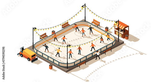 Isometric winter ice skating rink with people and festive lights