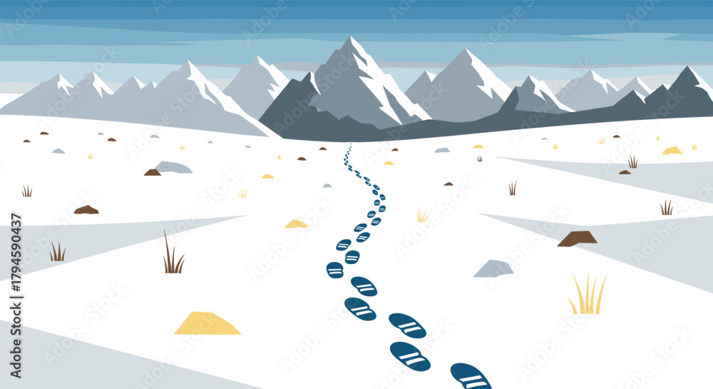 Fototapeta premium Footprints leading through snowy mountain landscape under clear blue sky
