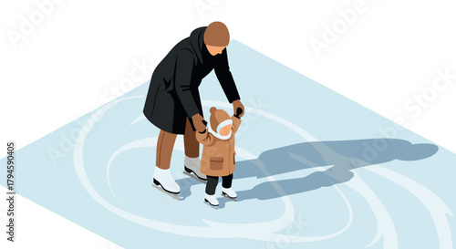 Parent teaching child ice skating on rink in winter isometric style