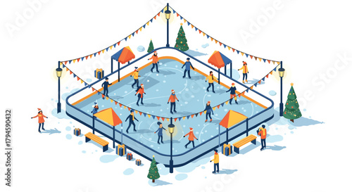Festive winter ice rink with skaters in vibrant isometric style