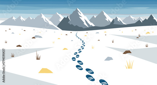 Footprints leading through snowy mountain landscape under clear blue sky