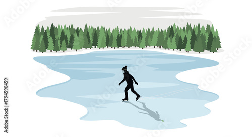 Winter skating scene in tranquil pine forest with reflective icy lake