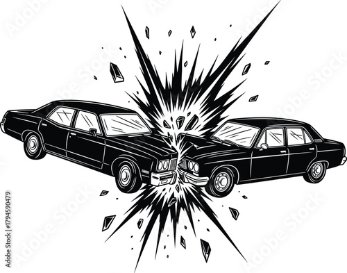 Vintage Car Crash Accident Explosion Black and White Illustration
