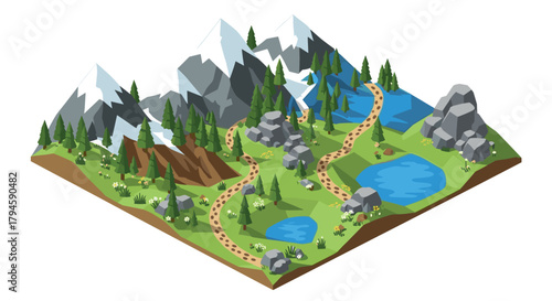Isometric mountain landscape with pathways, lakes, and forested areas