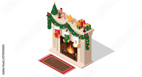 Festive fireplace with christmas decor and gifts in isometric style